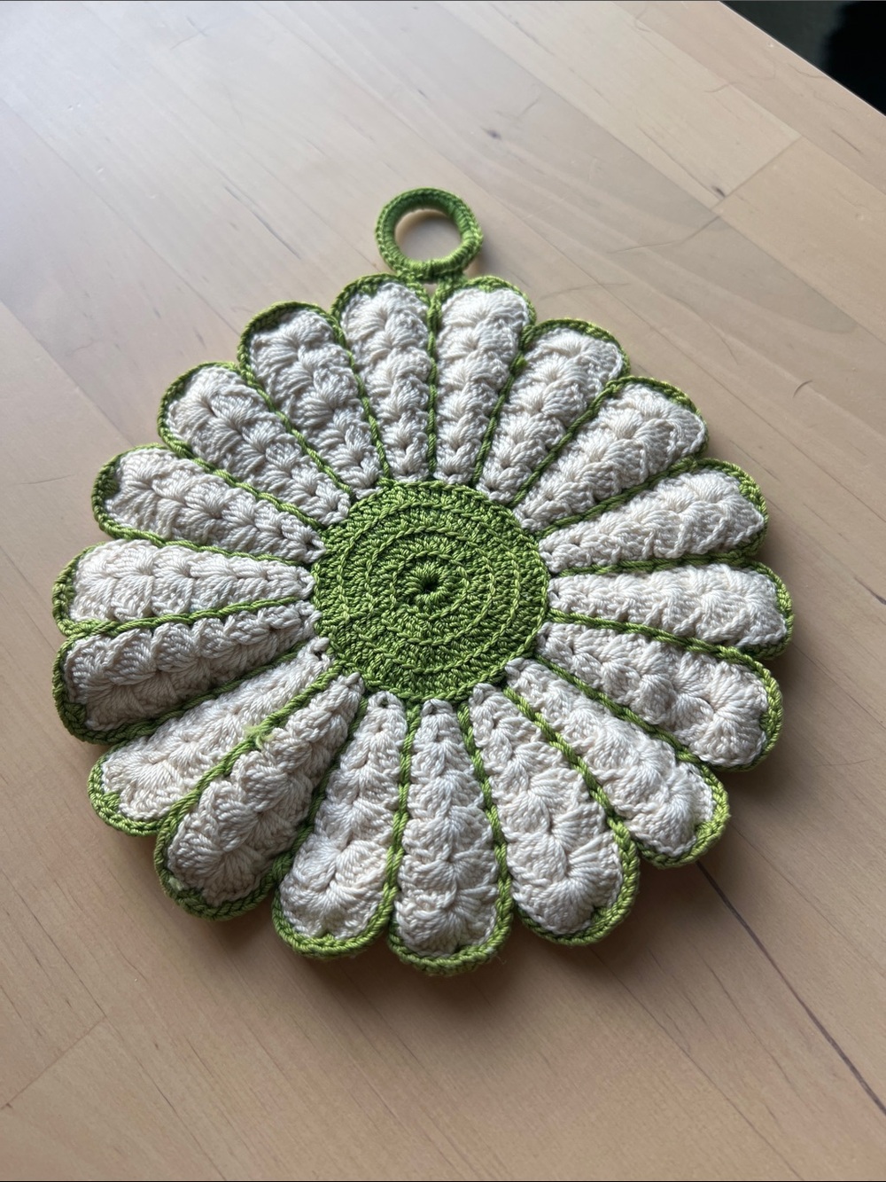 Handmade Green and Cream Daisy Crochet Potholder or Wall Art